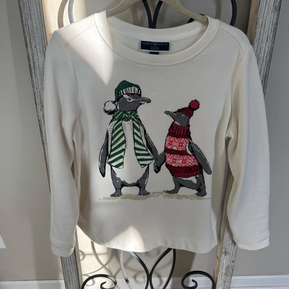 Karen Scott Sport Petites Penguin Holiday Fleece Top PM Cream Rhinestone